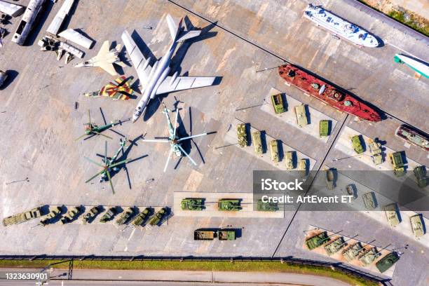 Top View Of The Military Base Tanks Selfpropelled Howitzers Rocket Launchers Helicopters And Aircraft Stock Photo - Download Image Now