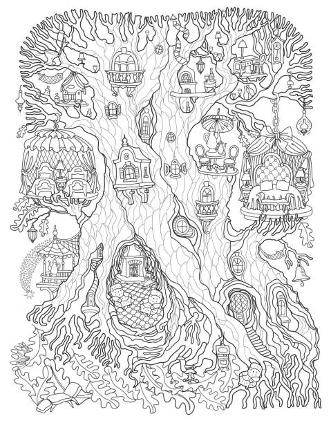 Vector illustration of Vector hand drawn fantasy old tree with fairy tale house. Linear contour sketch black and white background. Adults and children Coloring book page, quarantine isolation period concept