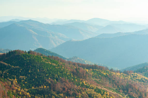 istock Mountain wilderness landscape, panorama hills mountain range covered with forest, warm autumn day October, blue haze on horizon. 1323633166