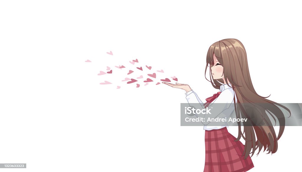 Vetores de Anime Manga Menina Em Uma Saia E Blusa Com Cabelo Comprido  Soprando Um Beijo Copiar Espaço Coloque Para Texto Em Fundo Isolado Branco  Vista Lateral Ilustração Vetorial e mais imagens