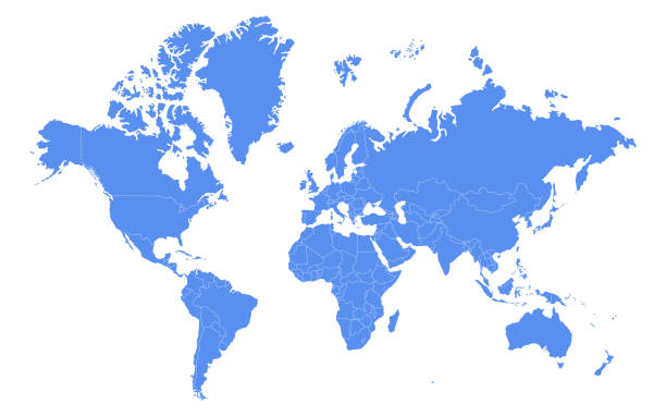 ilustrações, clipart, desenhos animados e ícones de mapa do mundo azul com fronteiras do país. ilustração vetorial de contorno. - global positioning system cartography map globe