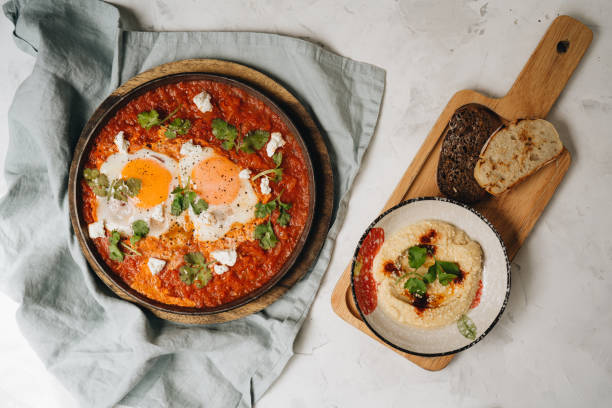 Shakshuka with Hummus and bread.