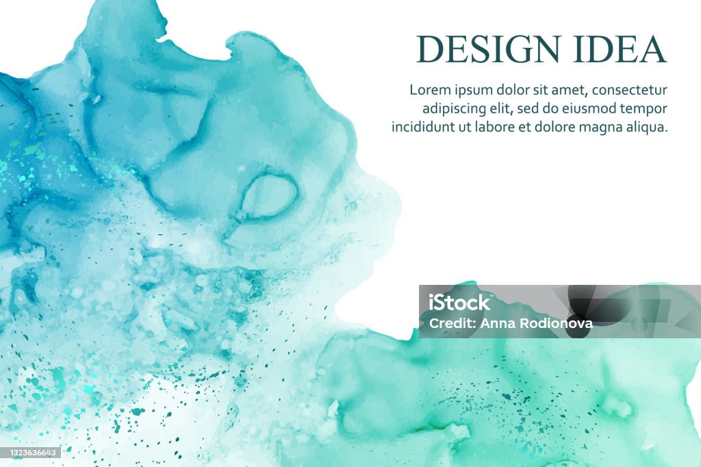 Watercolor Background With Abstract Teal Ink Waves And Splashes On A