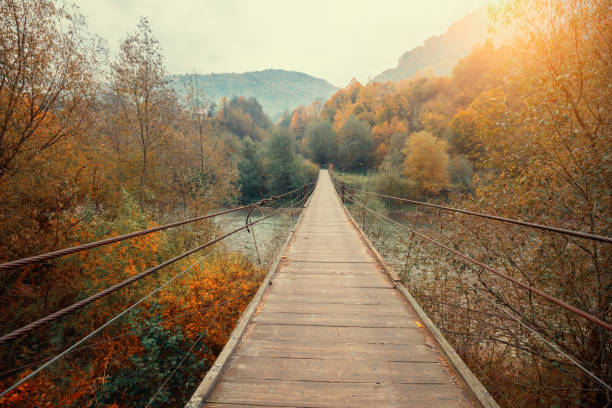 istock Wooden hanging rope bridge over mountain river 1323637759