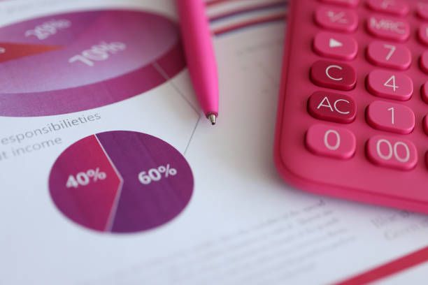 Pink ballpoint pen and calculator lying on documents with graphs closeup. Business education concept