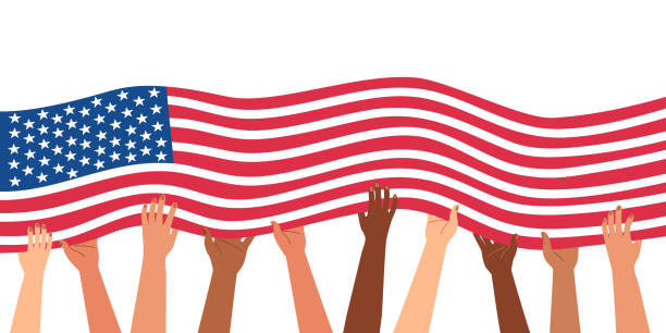 illustrazioni stock, clip art, cartoni animati e icone di tendenza di mani diverse tengono la bandiera degli stati uniti d'america. 4 luglio giorno dell'indipendenza. 9 novembre patriot day. modello banner orizzontale. isolato sull'illustrazione vettoriale bianca. - american flag flag usa waving