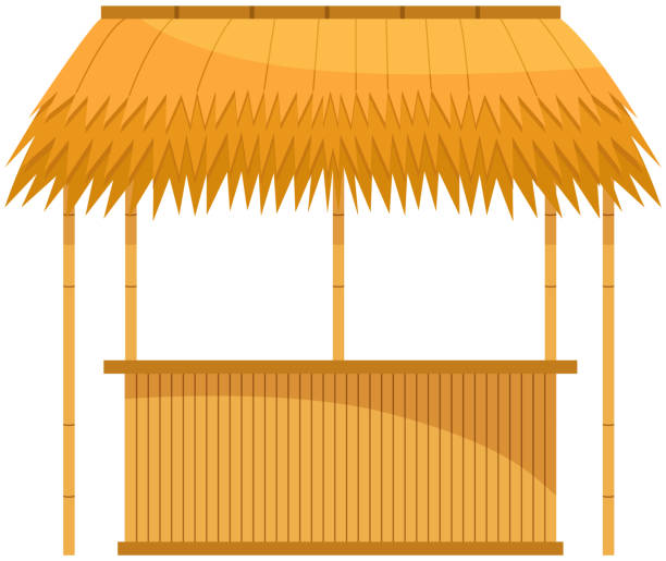 Set of illustrations about wooden outdoor bars. Establishment for sale of alcoholic beverages Wooden outdoor bar. Establishment for sale preparation of alcoholic beverages. Bar counters for outdoor usage. Street cafe for alcohol, drinks and cocktails. Beach bar shop. Summer vacation festival bar drink establishment stock illustrations