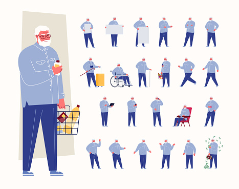 A large set with the character of an elderly man in different poses, facial expressions, for presentations. A person in everyday and extraordinary situations. Vector illustration in flat cartoon style.