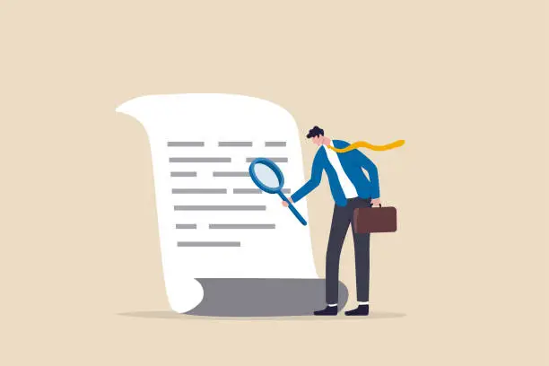 Vector illustration of Document checking, agreement or contract validation, financial or budget analysis, search for document files concept, businessman manager holding big magnifying glass checking document paper.