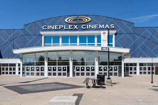 Mississauga, ON, Canada - June 12, 2021: Cineplex Cinemas Movie theater in Mississauga, ON, Canada. Cineplex Inc. is a Canadian entertainment company.