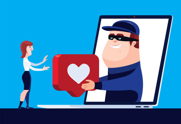 ilustraciones, imágenes clip art, dibujos animados e iconos de stock de hacker dando como icono a la mujer a través de la computadora portátil - women sign love trap