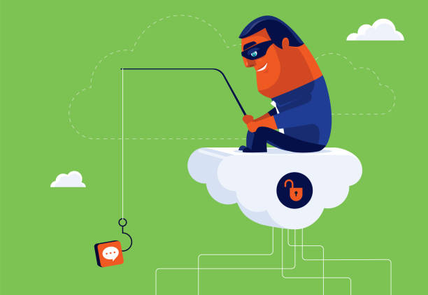 hacker sitting on cloud and phishing with speech bubble icon lure vector illustration of hacker sitting on cloud and phishing with speech bubble icon lure cartoon fishing hook stock illustrations