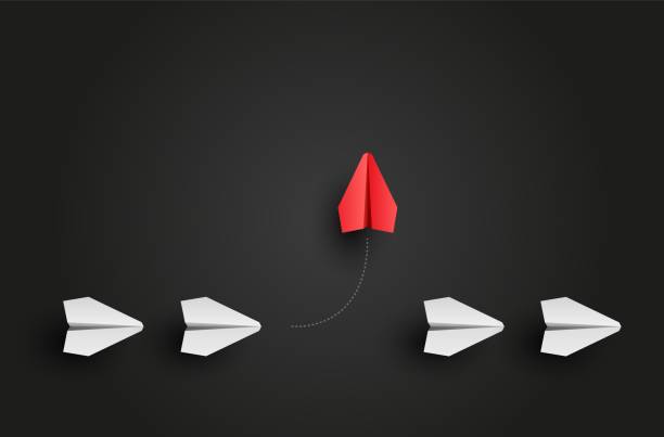 Individuality concept. Individual and unique leader red paper plane flies to the side. Vector vector art illustration