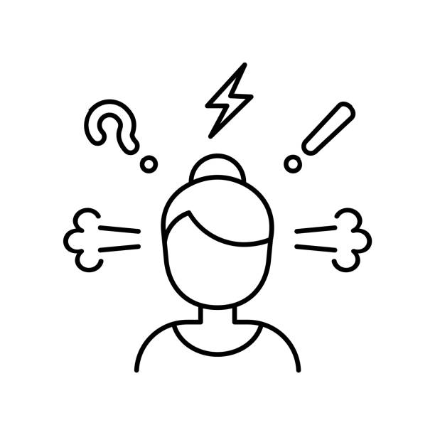 Stressed, angry, confused woman line icon. Female face with question mark, thunder bolt, exclamation sign. Negative thinking. Anxiety, depression and anger concept. Vector illustration, flat, clip art anxiety stock illustrations
