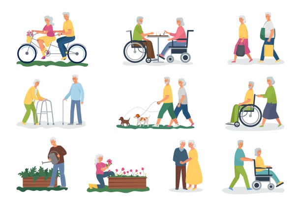 A collection of elderly white-haired people performing various activities. Walking with your pet, cycling, shopping, playing chess, gardening. Disabled pensioners in a wheelchair and with a stick. vector art illustration