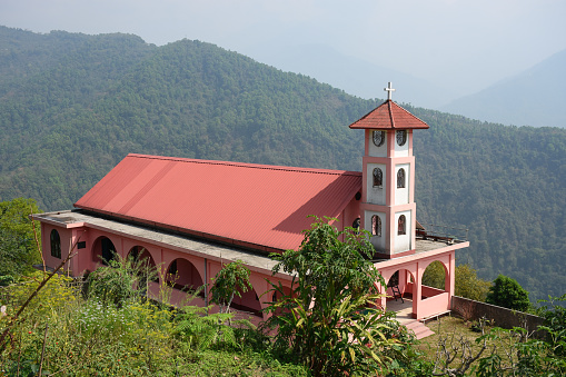 Church with red roof and tower in himalaya, Todey , Kalimpong.