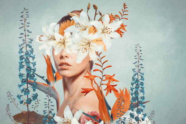 Abstract art collage of young woman with flowers Abstract contemporary art collage portrait of young woman with flowers on face hides her eyes vintage nature stock pictures, royalty-free photos & images