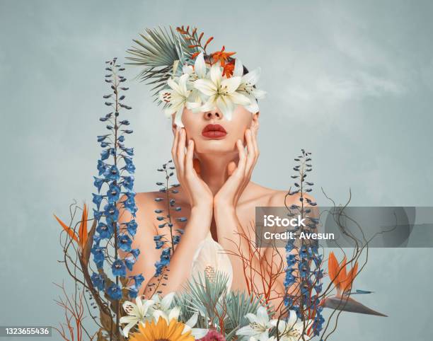 花を持つ若い女性の抽象芸術のコラージュ - 女性のストックフォトや画像を多数ご用意 - 女性, 花, 女性一人