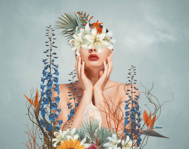 abstract art collage of young woman with flowers - poster fotos stockfoto's en -beelden