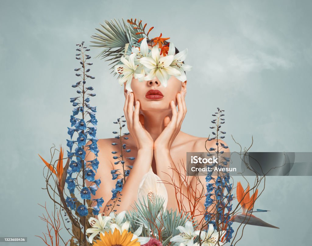 Abstract art collage of young woman with flowers Abstract contemporary art collage portrait of young woman with flowers on face hides her eyes Women Stock Photo