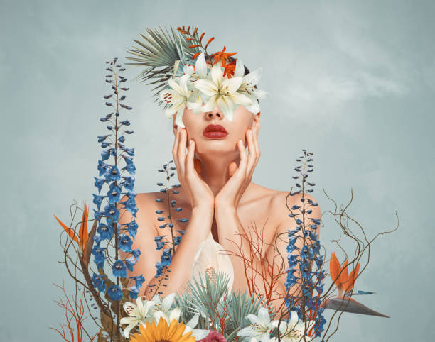 Abstract art collage of young woman with flowers Abstract contemporary art collage portrait of young woman with flowers on face hides her eyes surrealism stock pictures, royalty-free photos & images