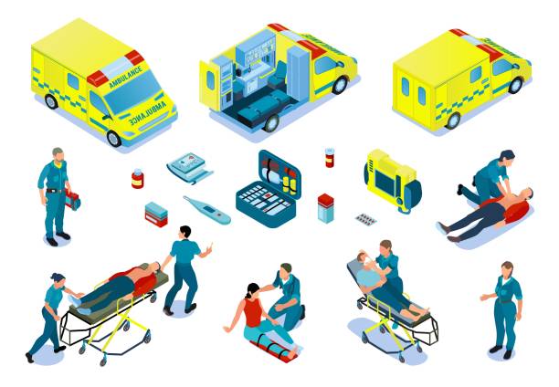 Ambulance Car Isometric Set Ambulance car isometric set with paramedics providing first aid victim persons after accidents or assisting sick vector illustration paramedic stock illustrations