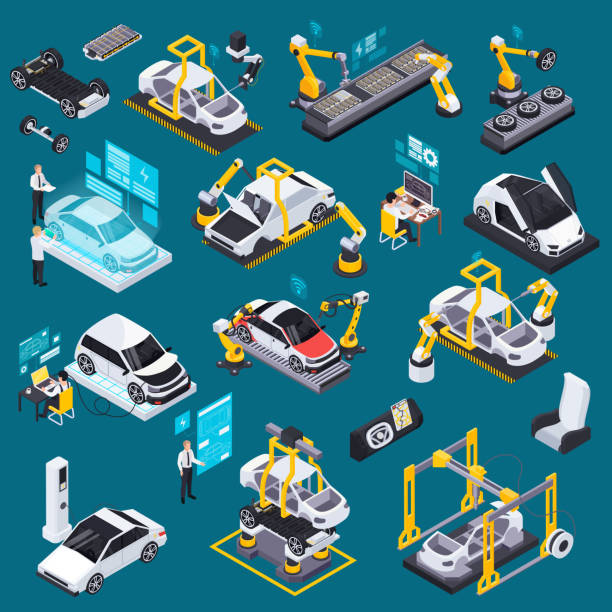 Electric Vehicle Production Isometric Set Robotic automation in electric vehicle production isometric set with conveyor belts assembly battery charge testing vector illustration yellow belt stock illustrations