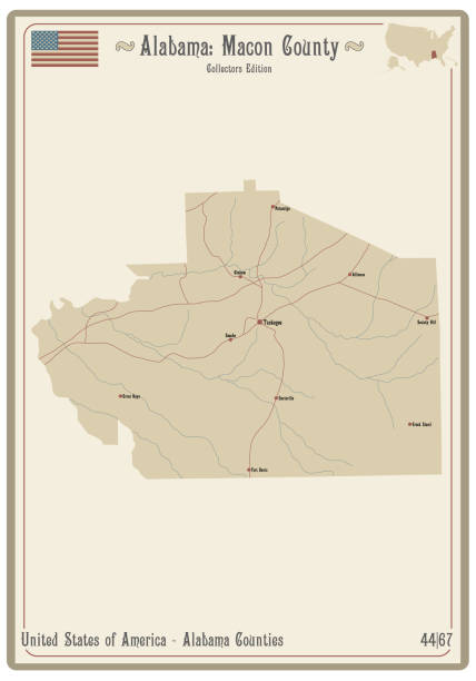 Map of Macon County in Alabama Map on an old playing card of Macon county in Alabama, USA. alabama state map with cities stock illustrations