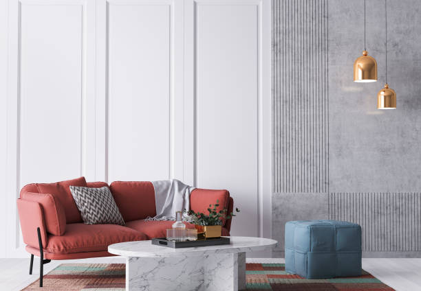 istock Bright colorful home interior, red sofa on white wall mockup 1323660571