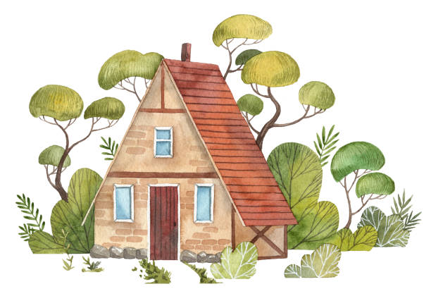 ilustrações de stock, clip art, desenhos animados e ícones de cartoon watercolor house illustration. wooden cottage with trees and bushes - forest hut window autumn