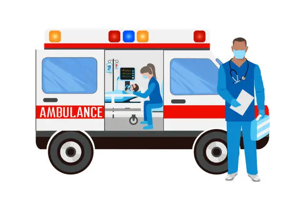 Vector illustration of Paramedics assist a patient in an ambulance