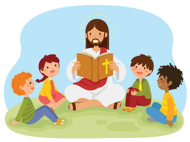 Jesus reading the bible to kids Jesus Christ reading the bible book to kids sitting on the grass. jesus christ stock illustrations
