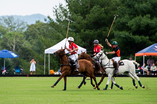 Crozet, Virginia, USA - June 13, 2021: An exciting polo match played on June 13, 2021. The two teams playing are Acme and Thalhimer. The teams consist of mixed male and female players. Spectators can be seen lining the field enjoying the game with chairs and tents and enjoying wine and food. The polo players are running the horses at a full gallop competing to gain control of the ball.