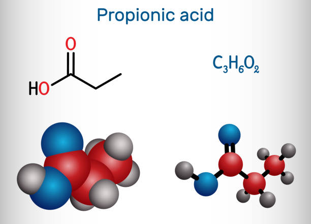 kwas propanoinowy, cząsteczka kwasu propionowego. jest to krótkołańcuchowy nasycony kwas tłuszczowy, lek przeciwgrzybiczy, środek przeciwbakteryjny e280. strukturalna formuła chemiczna, model cząsteczki - fatty acid stock illustrations