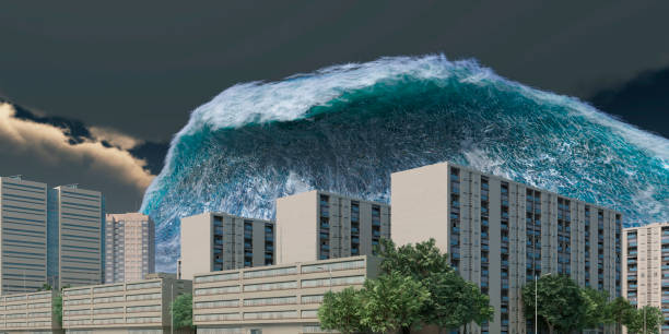 istock Tsunami wave apocalyptic water view urban flood Storm. 3D illustration 1323663732