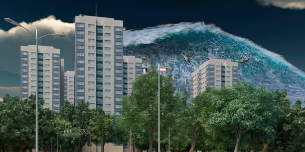 istock Tsunami wave apocalyptic water view urban flood Storm. 3D illustration 1323663754