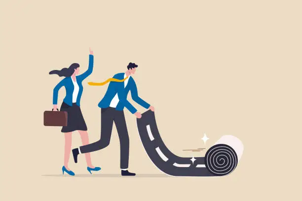 Vector illustration of Career path road to success, begin or start new job or career development, leadership to plan for business direction concept, smart businessman rolling career path road carpet for his team colleague.