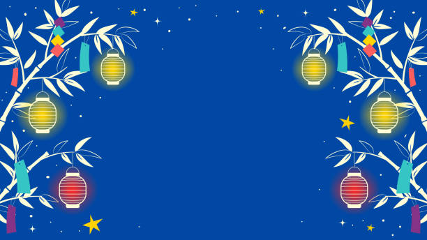 ilustrações, clipart, desenhos animados e ícones de ilustração vetorial de fundo do festival de tanabata. bambu e decoração com céu noturno estrelado. - lantern wishing sky night