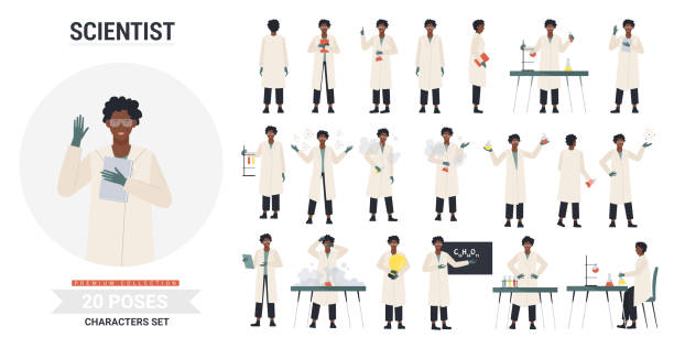 African american black scientist man poses set African american black scientist poses vector illustration set. Cartoon man character wearing lab coat, posing in scientific laboratory with science equipment, different gestures emotion pharmacist cartoon stock illustrations