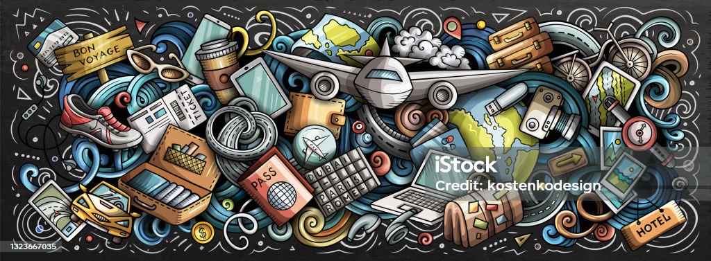 Traveling Hand Drawn Cartoon Doodles Illustration Stock Illustration -  Download Image Now - Travel, Airplane, Chalk Drawing - iStock