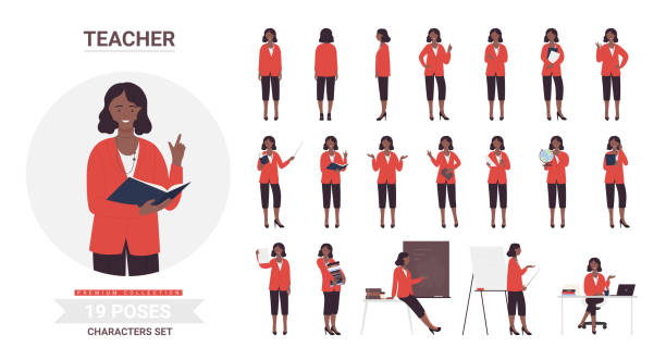African american black teacher woman poses set African american black teacher woman poses vector illustration set. Cartoon smiling female school teacher character posing work pupils students, teaching postures lecture lesson collection isolated teachers stock illustrations