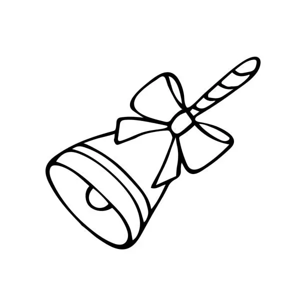 Vector illustration of School bell with bow, vector doodle hand-drawn outline illustration.