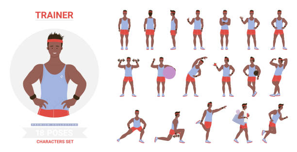 African american black sport trainer man poses set African american black sport trainer man poses vector illustration set. Cartoon male character showing muscles, posing ball, dumbbells exercises, training standing running different postures isolated cartoon man standing stock illustrations