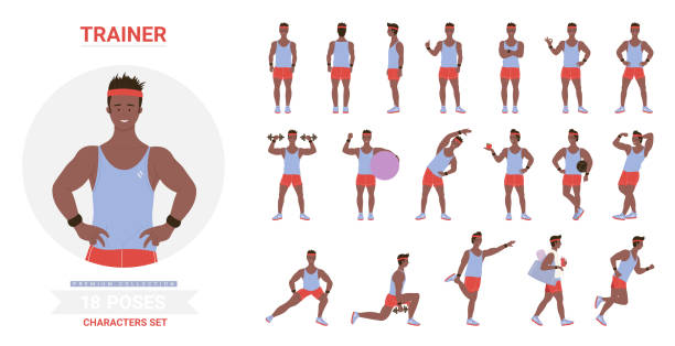 African american black sport trainer man poses set African american black sport trainer man poses vector illustration set. Cartoon male character showing muscles, posing ball, dumbbells exercises, training standing running different postures isolated cartoon of the physical fitness stock illustrations