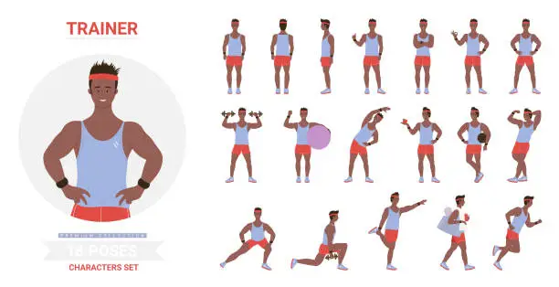 Vector illustration of African american black sport trainer man poses set