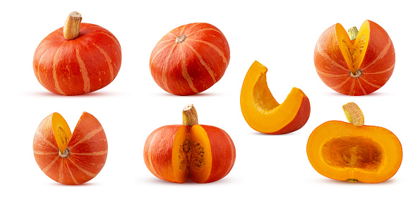 Set fresh red hokkaido pumpkin isolated on white background. Clipping Path. Full depth of field.
