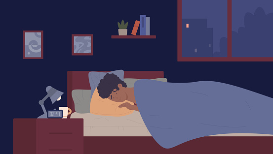 Sleepy young man with insomnia stress problem vector illustration. Cartoon restless tired male character trying to sleep, lying in bed in dark home bedroom, sleepless night without rest background