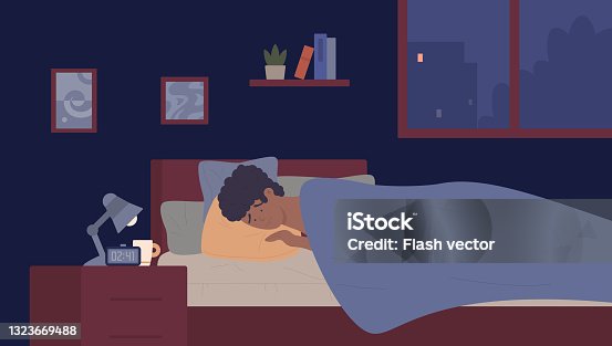 istock Sleepy young man with insomnia problem, male character trying to sleep, lying in bed 1323669488