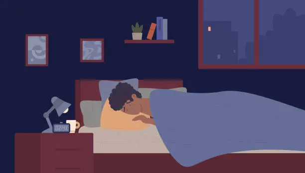 Vector illustration of Sleepy young man with insomnia problem, male character trying to sleep, lying in bed