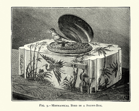 Vintage illustration, Mechanical singing bird ina snuff box, 18th Century